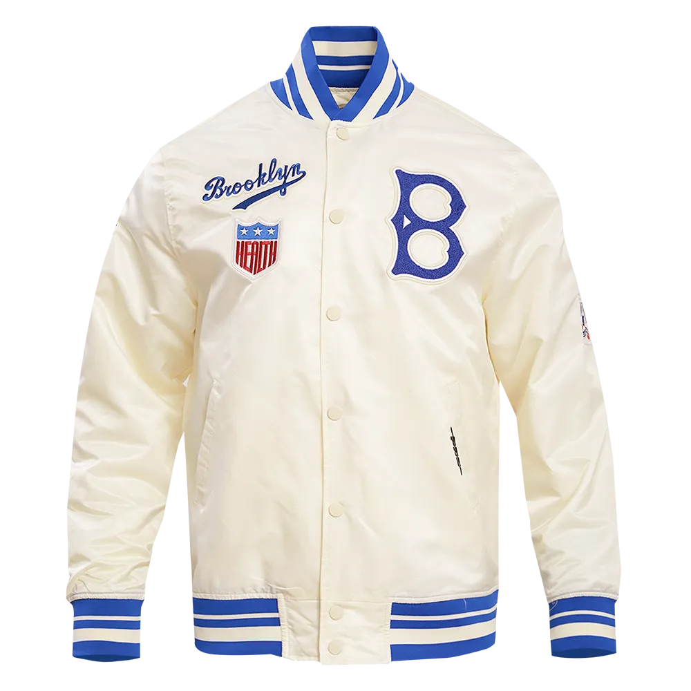 MLB BROOKLYN DODGERS RETRO CLASSIC MEN'S RIB SATIN JACKET (EGGSHELL/ ROYAL BLUE)