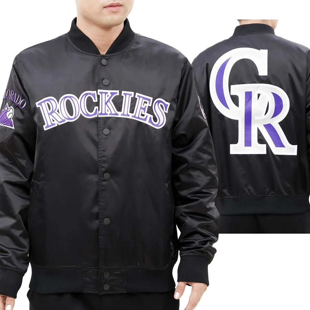 MLB COLORADO ROCKIES BIG LOGO MEN'S SATIN JACKET (BLACK)