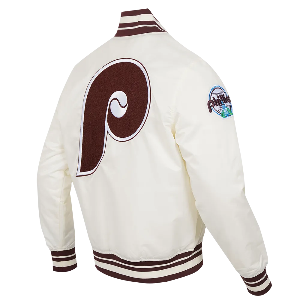 MLB PHILADELPHIA PHILLIES RETRO CLASSIC MEN'S RIB SATIN JACKET (EGGSHELL/WINE)