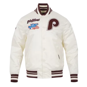 MLB PHILADELPHIA PHILLIES RETRO CLASSIC MEN'S RIB SATIN JACKET (EGGSHELL/WINE)