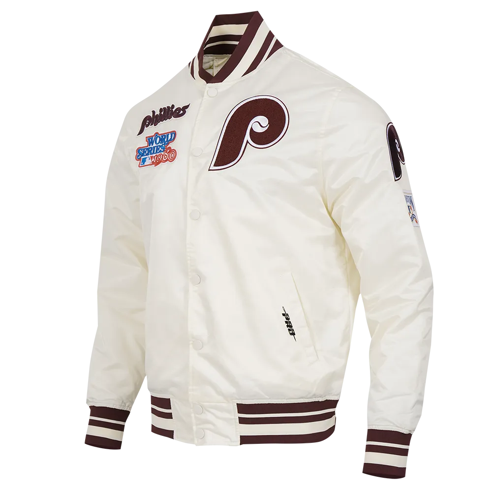 MLB PHILADELPHIA PHILLIES RETRO CLASSIC MEN'S RIB SATIN JACKET (EGGSHELL/WINE)