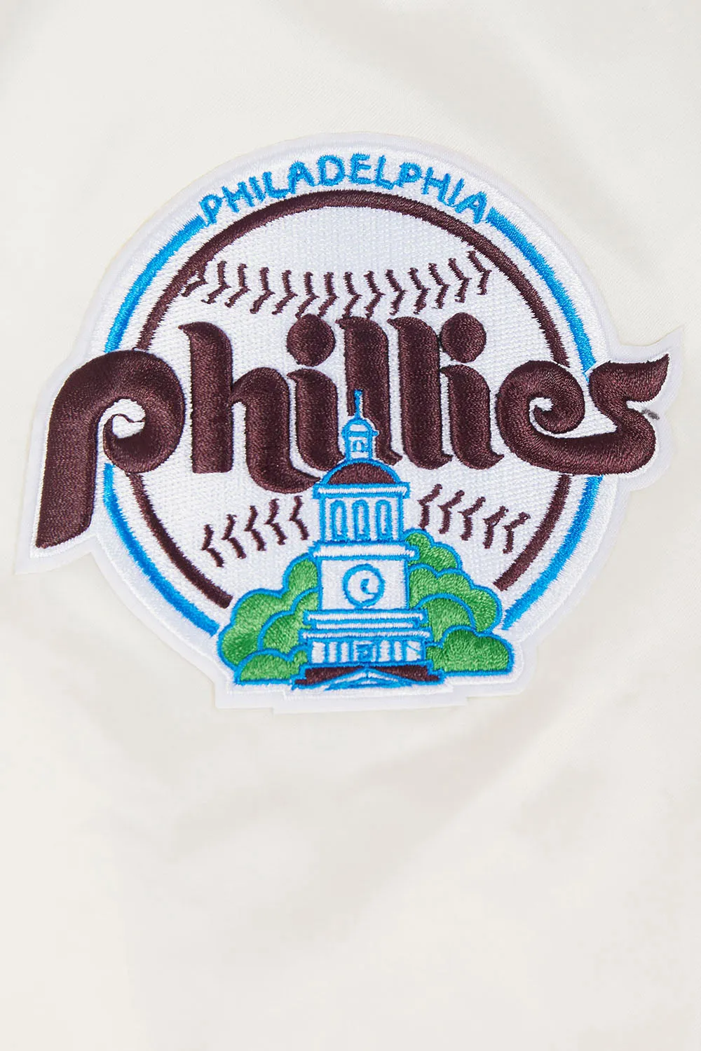 MLB PHILADELPHIA PHILLIES RETRO CLASSIC MEN'S RIB SATIN JACKET (EGGSHELL/WINE)