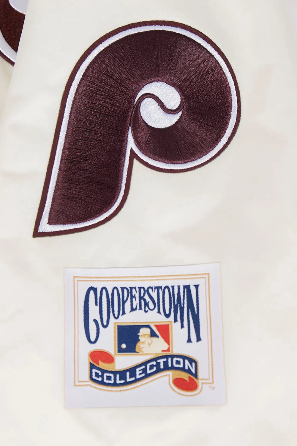 MLB PHILADELPHIA PHILLIES RETRO CLASSIC MEN'S RIB SATIN JACKET (EGGSHELL/WINE)