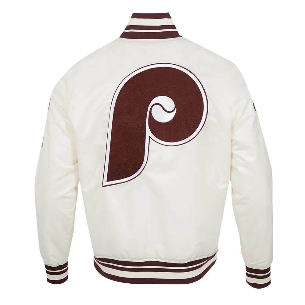 MLB PHILADELPHIA PHILLIES RETRO CLASSIC MEN'S RIB SATIN JACKET (EGGSHELL/WINE)