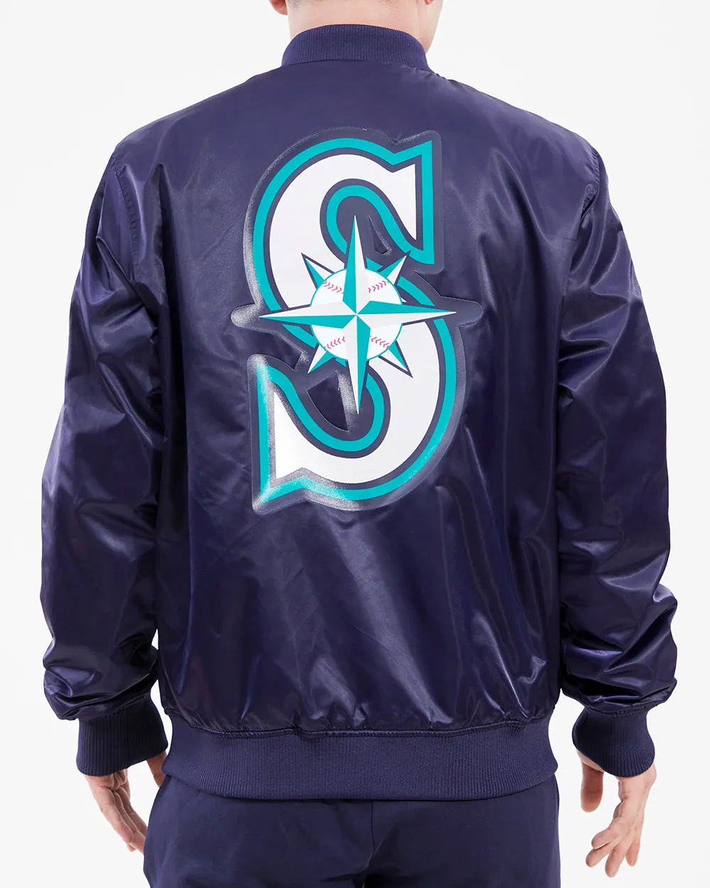 MLB SEATTLE MARINERS BIG LOGO MEN'S SATIN JACKET (MIDNIGHT NAVY)