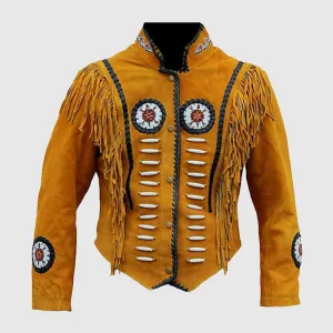 New Western Native Suede Trucker Leather Jacket With Fringe And Bone Beads