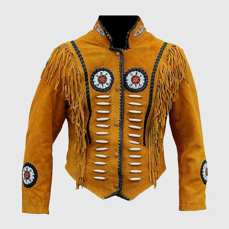 New Western Native Suede Trucker Leather Jacket With Fringe And Bone Beads