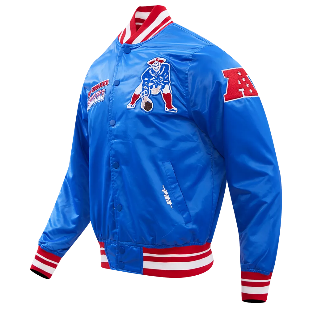 NFL NEW ENGLAND PATRIOTS RETRO CLASSIC MEN'S RIB SATIN JACKET (ROYAL BLUE/RED)