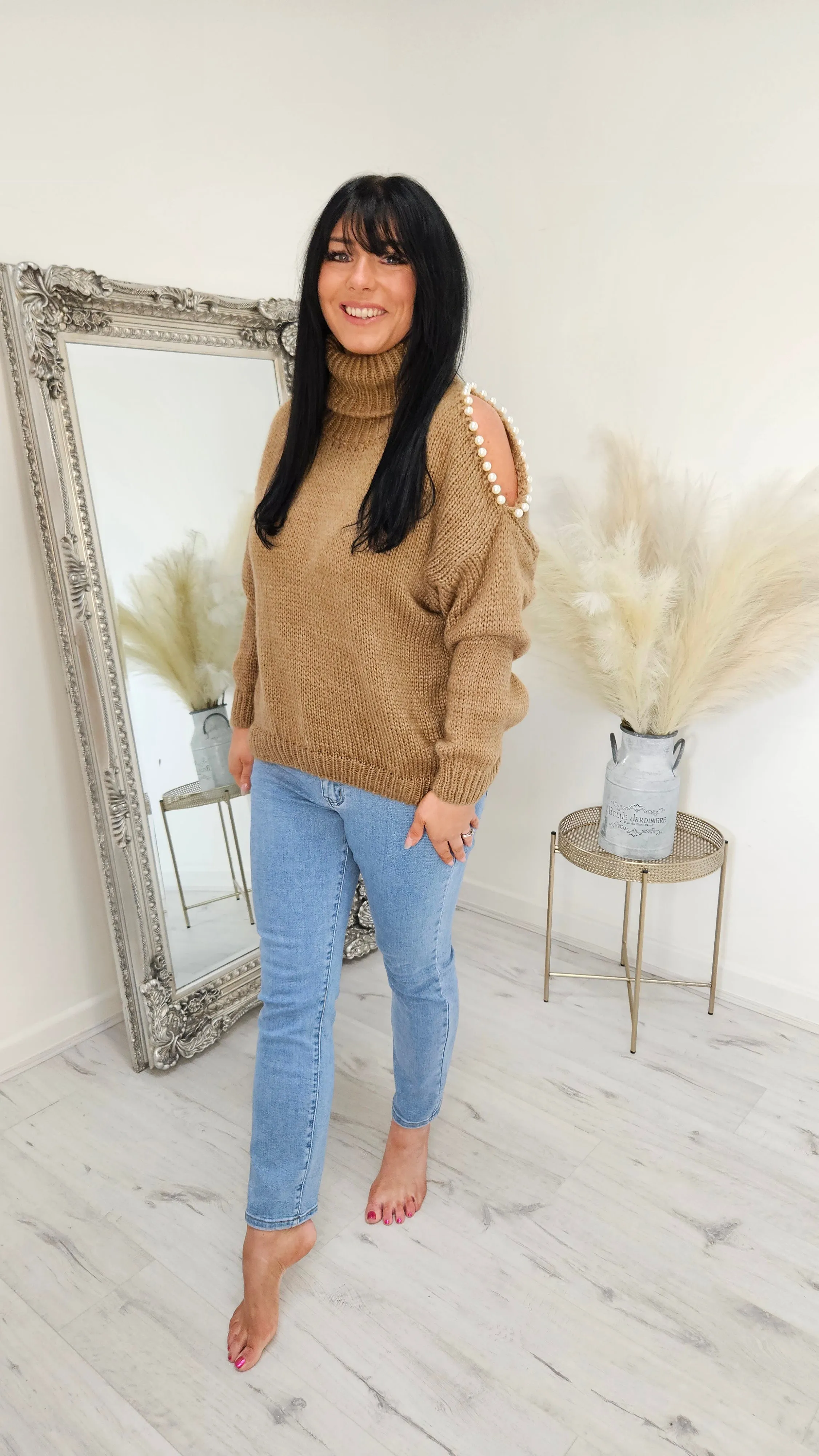 Pearly Diva Cold Shoulder Jumper - Toffee