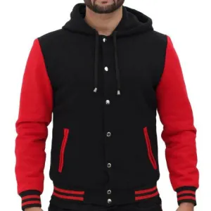 Red and Black Baseball Hooded Varsity Jacket