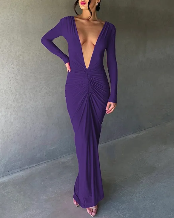 Reversible Pleated Long-Sleeved Backless Maxi Dress