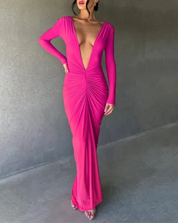 Reversible Pleated Long-Sleeved Backless Maxi Dress