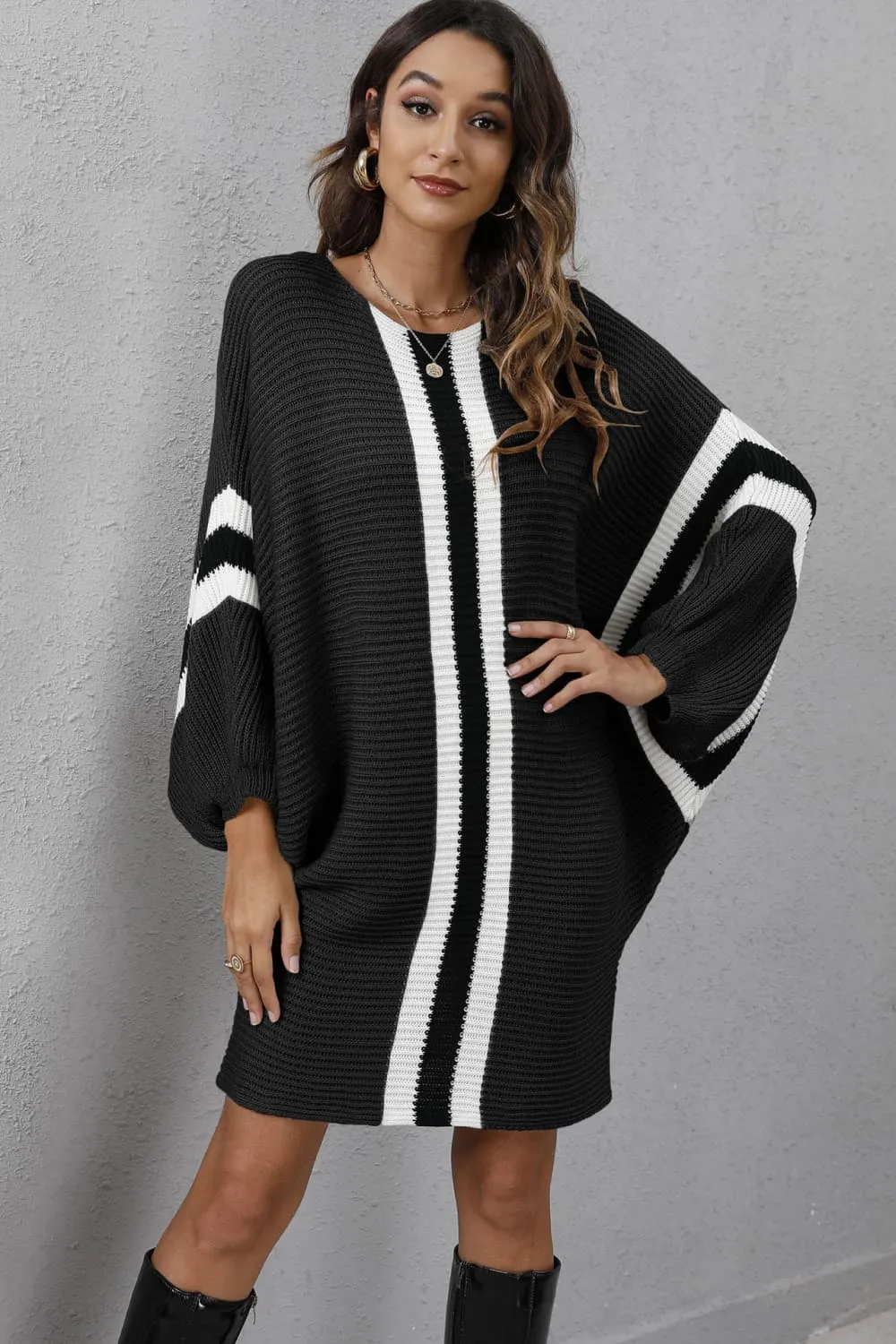 Ribbed Dolman Sleeves Sweater Dress