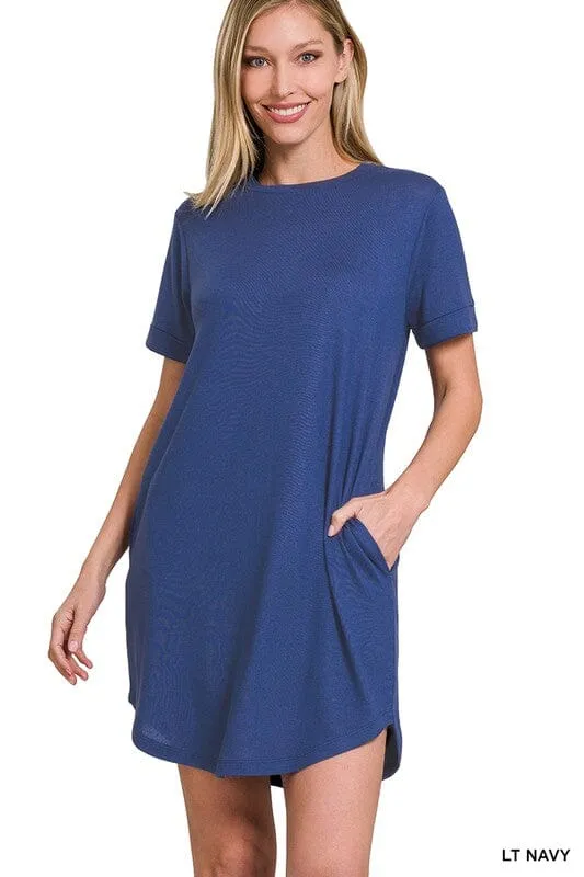 ROLLED SHORT SLEEVE ROUND NECK DRESS