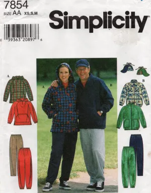 Simplicity 7854 Womens Mens Teen UNISEX Winter Jacket Top Pants & Hat 1990s Vintage Sewing Pattern Sizes XS - M UNCUT Factory Folded