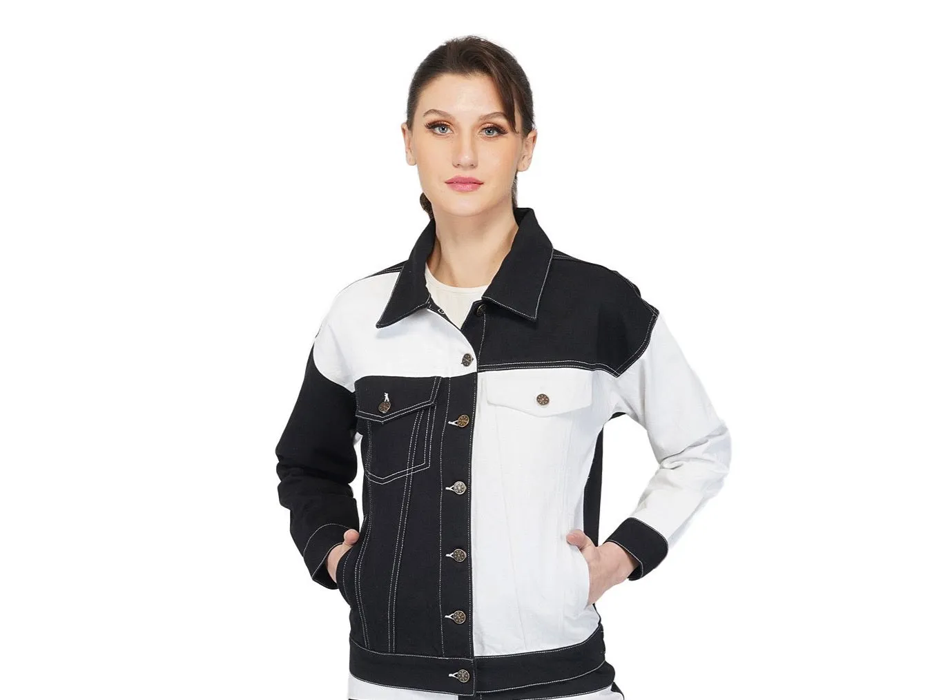 SLAY. Women's Black White Colorblock Denim Jacket