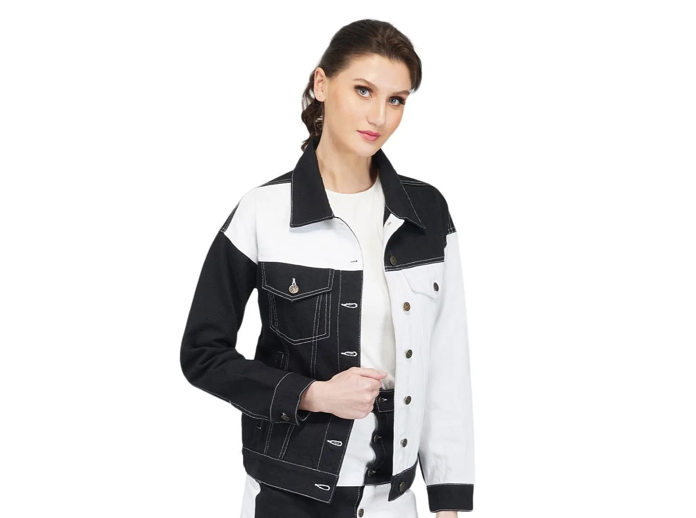 SLAY. Women's Black White Colorblock Denim Jacket