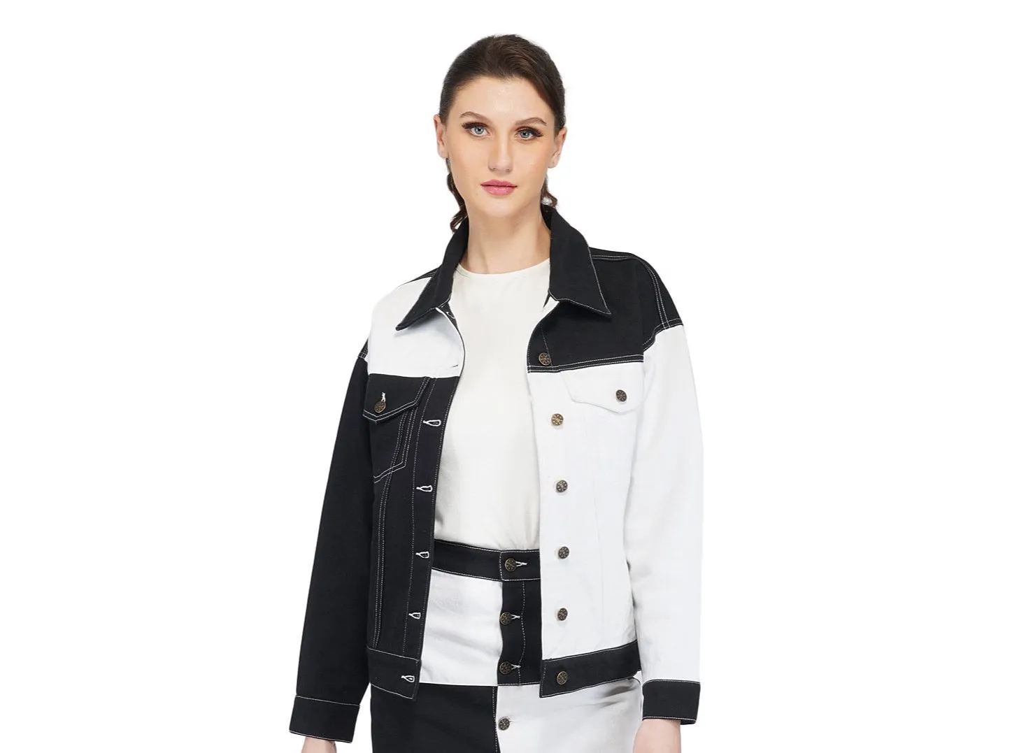 SLAY. Women's Black White Colorblock Denim Jacket