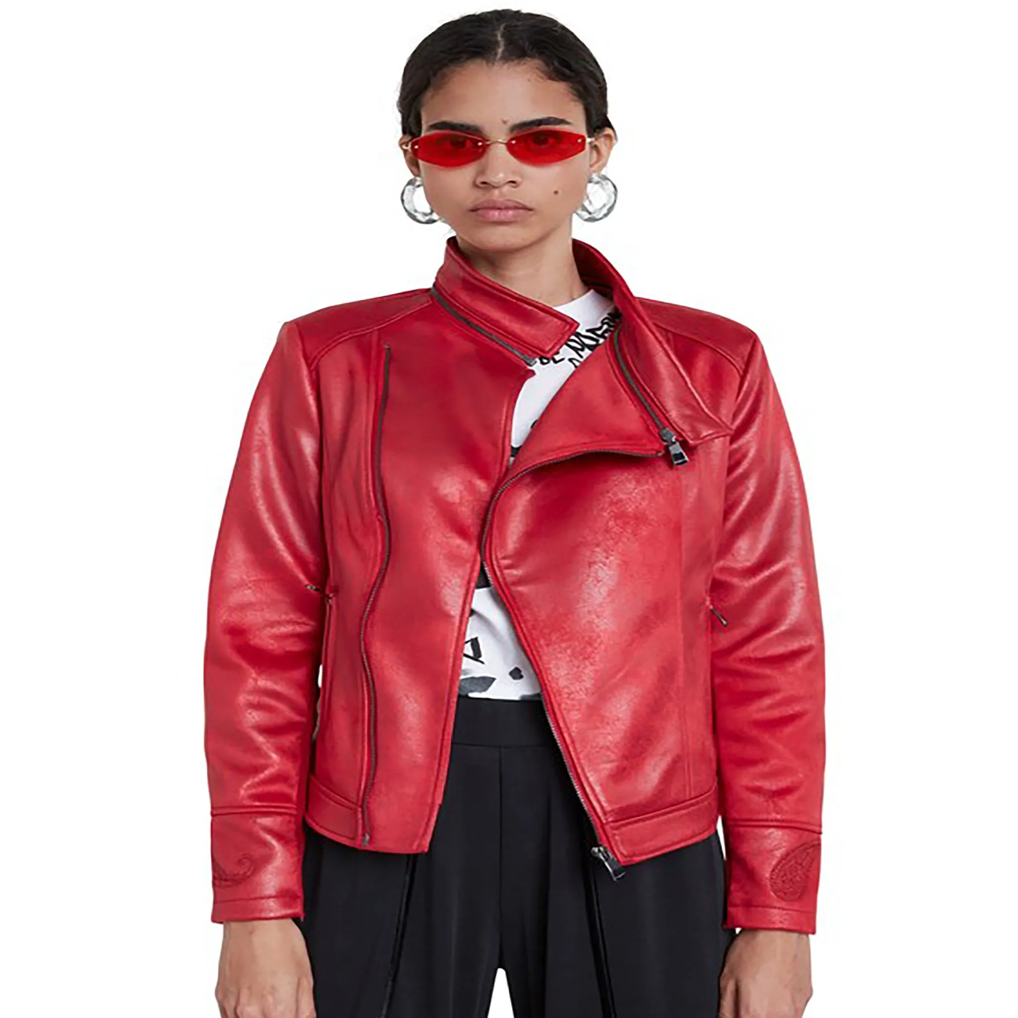 Slim Biker Jacket w/ Embroidery - Red