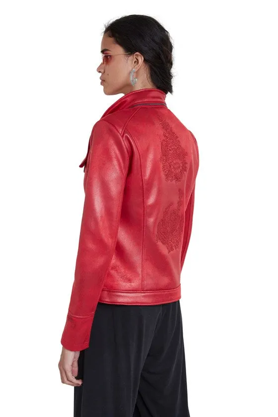 Slim Biker Jacket w/ Embroidery - Red