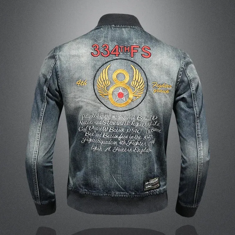 Stand Collar Badge Embroidered Denim Jacket