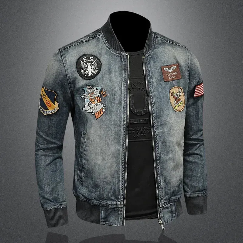 Stand Collar Badge Embroidered Denim Jacket