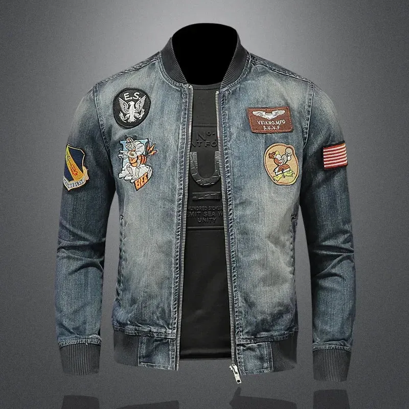 Stand Collar Badge Embroidered Denim Jacket