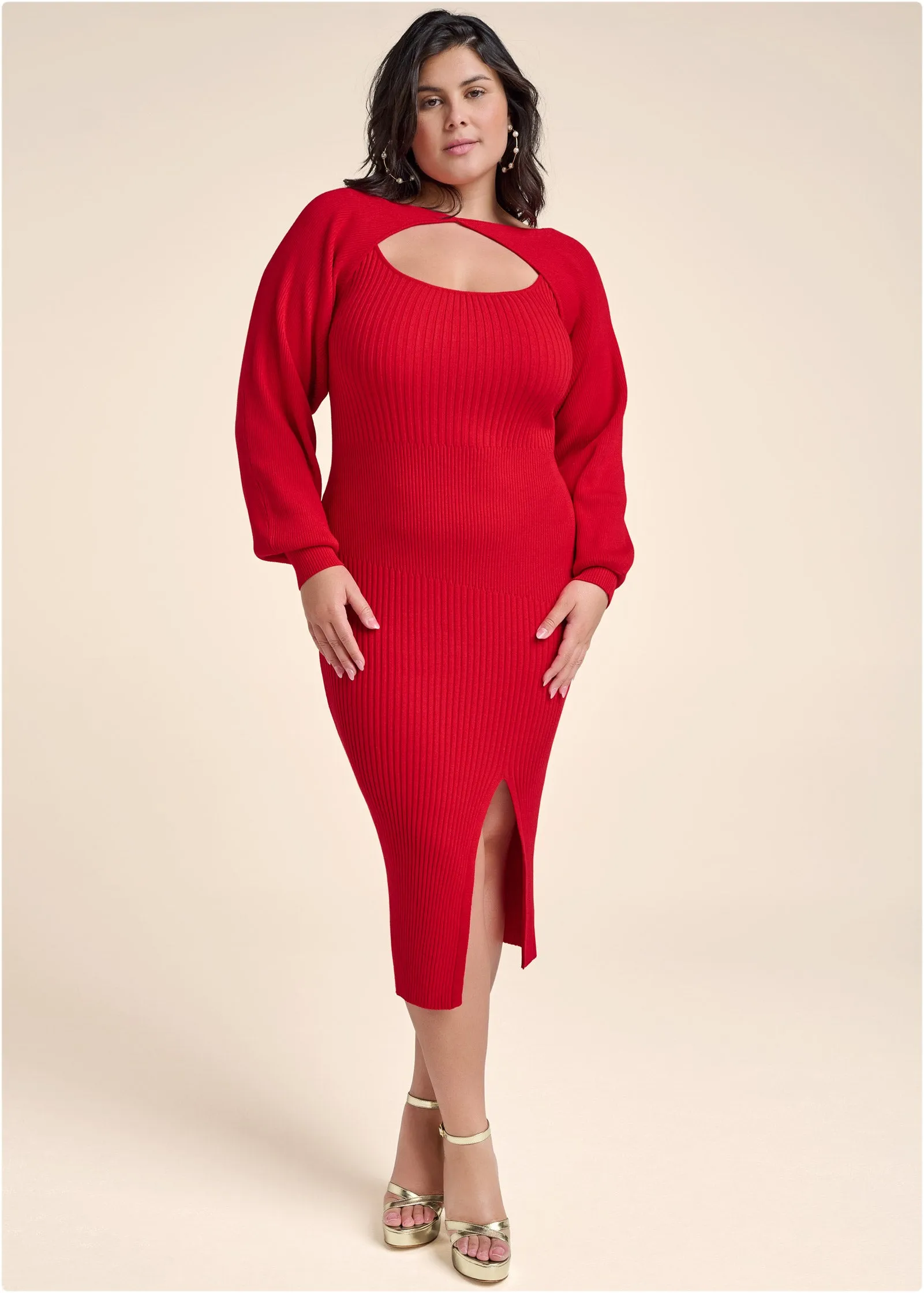 Sweater Dress With Shrug - Red