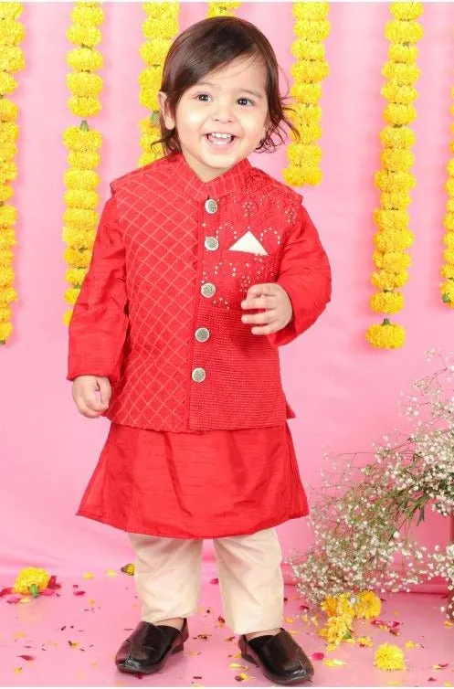 Thread And Sequins Embroidered Red Jacket And Kurta With Pyjama