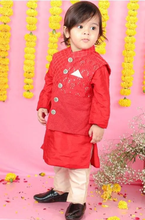 Thread And Sequins Embroidered Red Jacket And Kurta With Pyjama