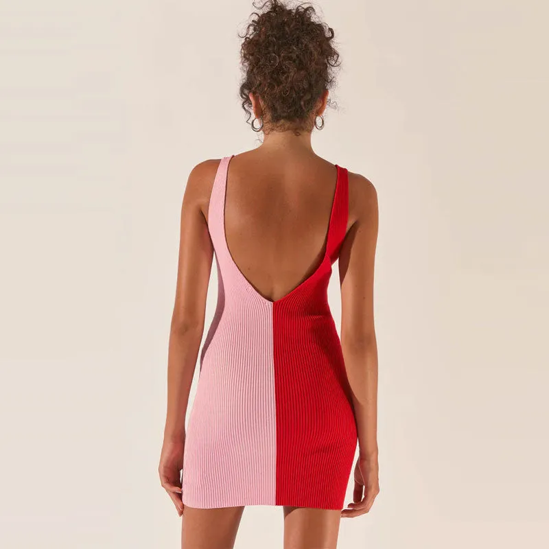 Two Tone V Neck Open Back Sleeveless Rib Knit Red Mini Bodycon Dress