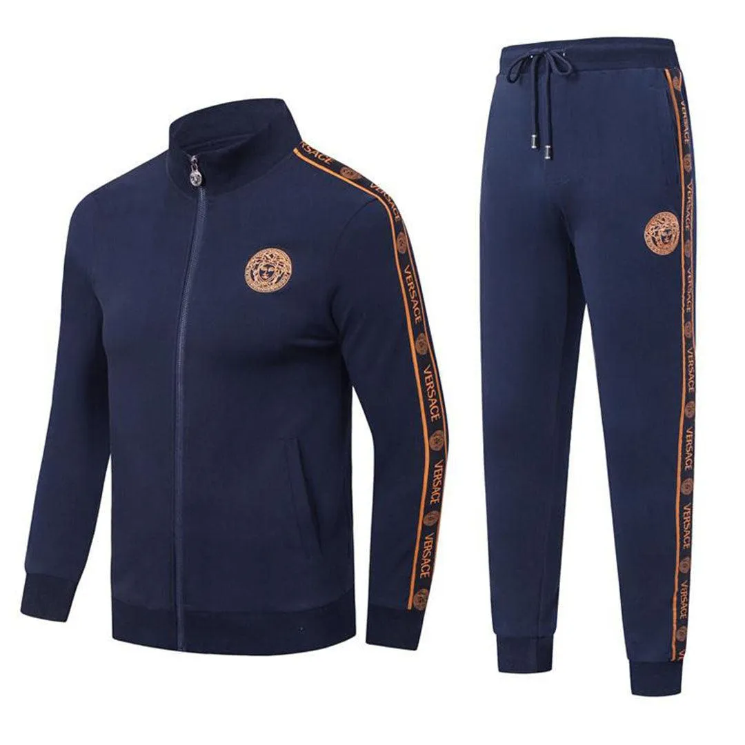 Versace Front Logo Tracksuit Long Sleeved  Zipper-Navy Blue