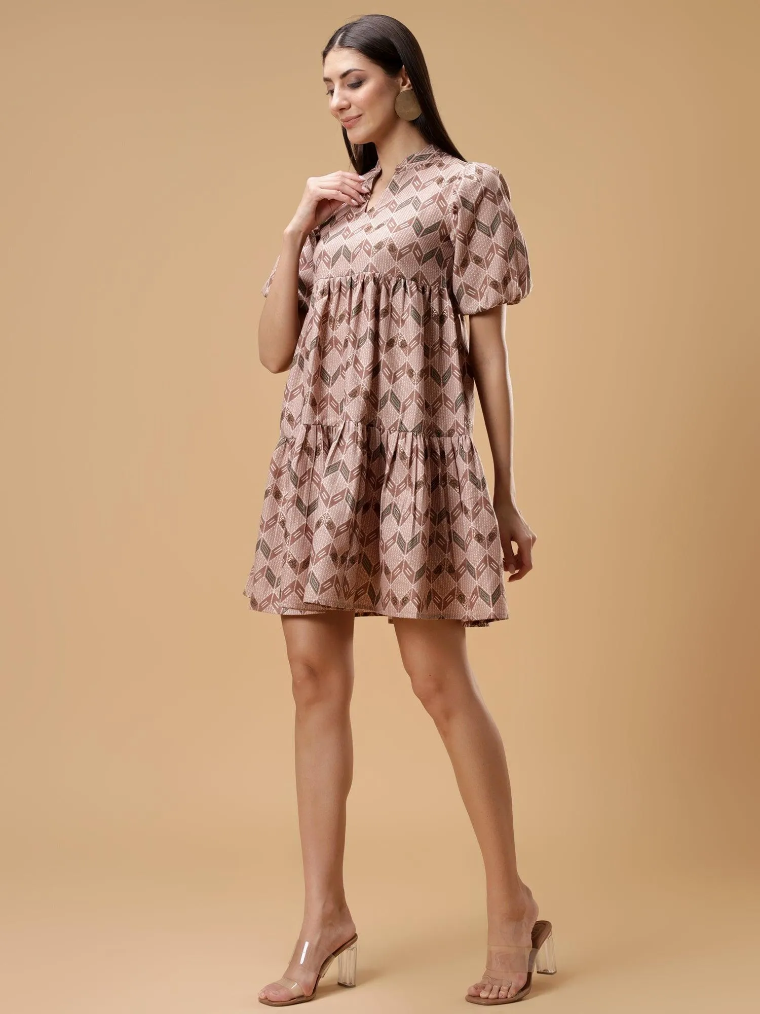 ZIG ZAG Printed Puff Sleeve Short Dress